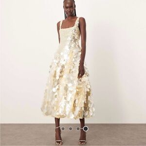 ASOS ARRANGE embellished disc sequin square neck full skirt midi dress in lemon
